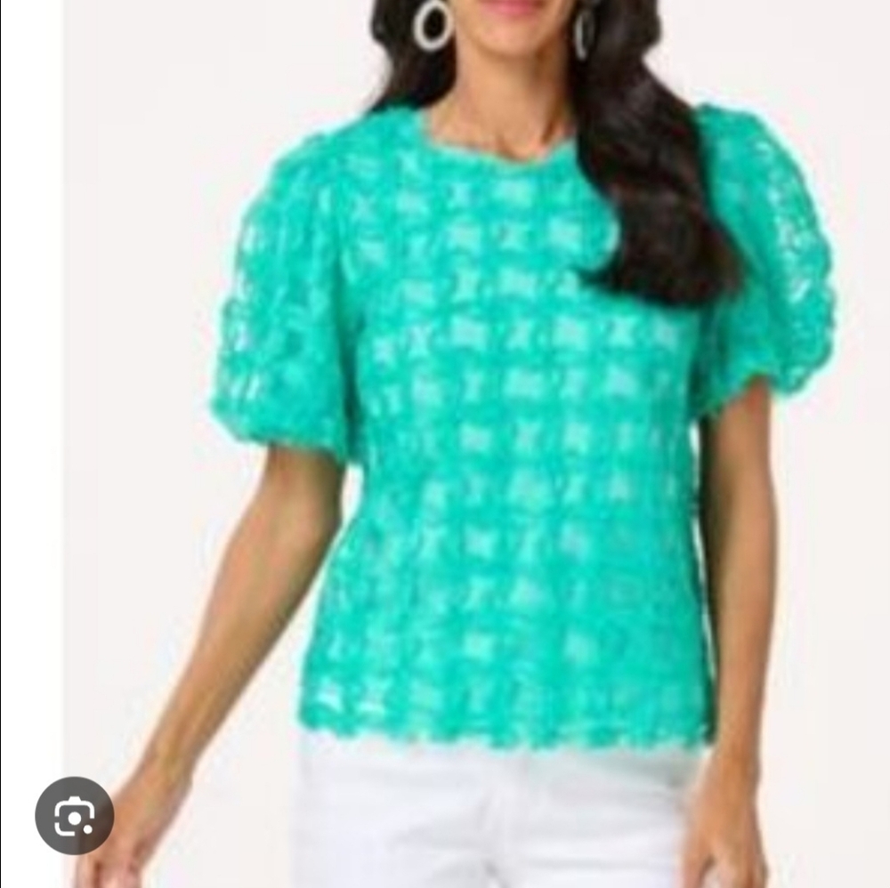 CATO COLLECTION WOMEN'S GREEN WINDOW PANE BACK TIE TOP NWT